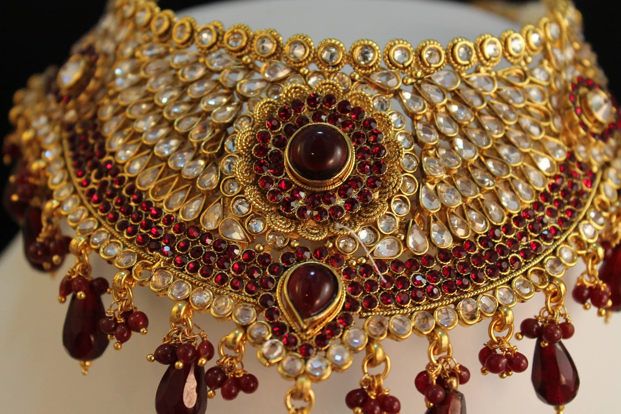Polki 975 Zircon Ruby Red Stone Bridal Necklace Full Set Shieno Sarees