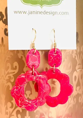 Polymer Clay Earrings, Silkscreened Earrings, Floral Earrings, Pink Earrings