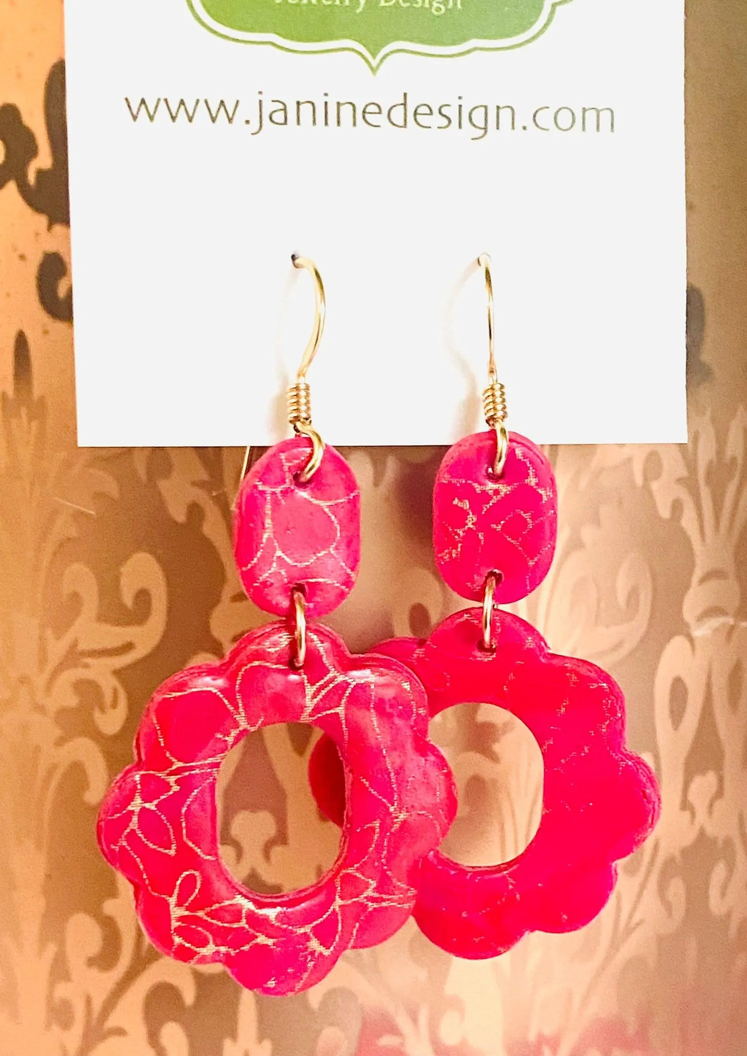 Polymer Clay Earrings, Silkscreened Earrings, Floral Earrings, Pink Earrings