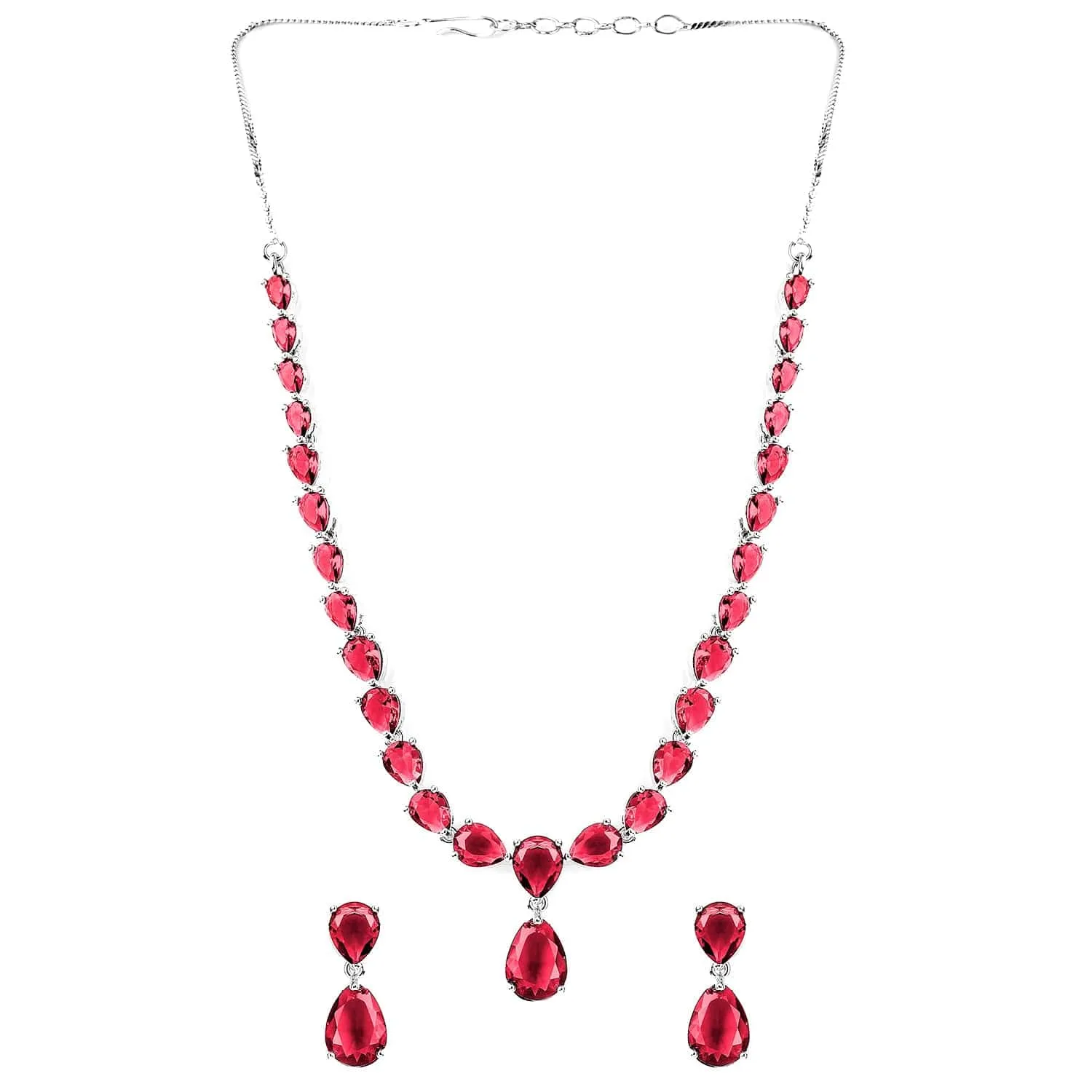 Premium Rhodium Plated Ruby Red Studded Statement Jewellery Set