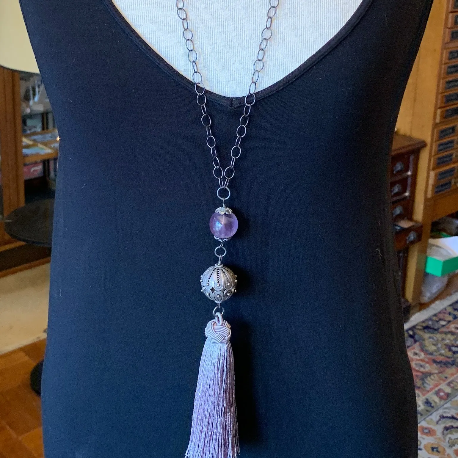 Purple Tourmaline, Lavender Tassel Necklace by Ruth