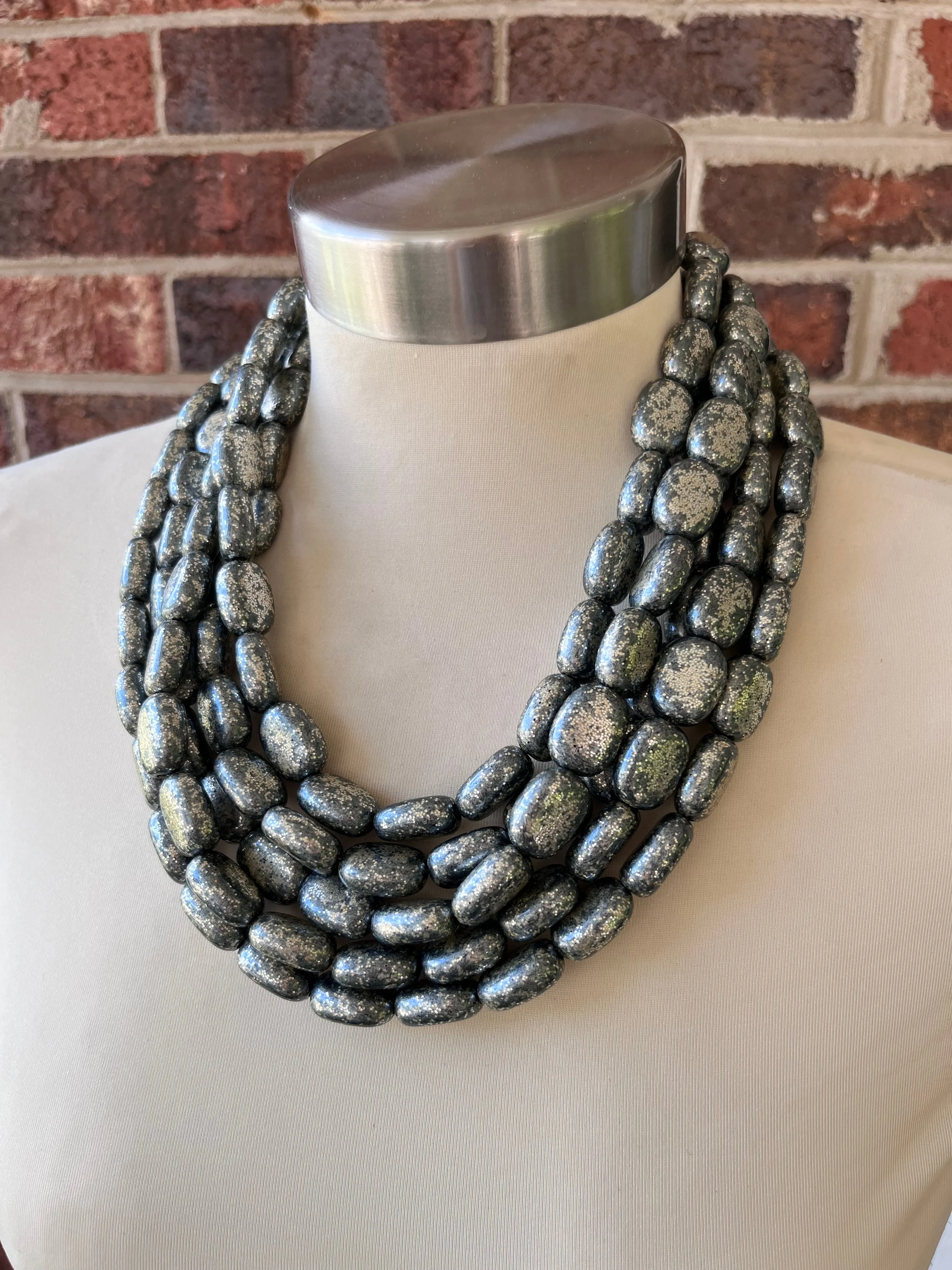 Pyrite Lucite Gray Acrylic Beaded Chunky Multi Strand Statement Necklace - Lauren