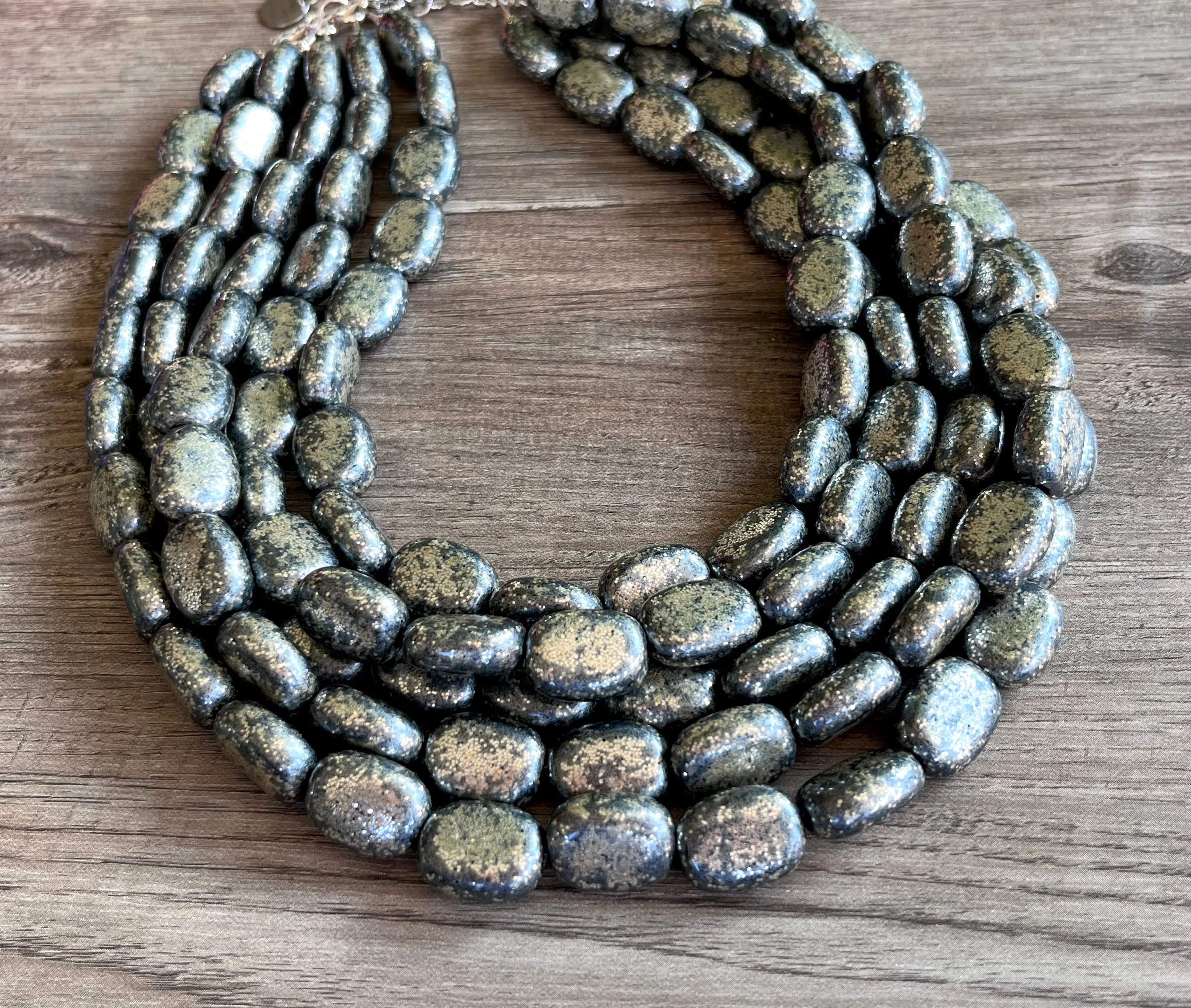 Pyrite Lucite Gray Acrylic Beaded Chunky Multi Strand Statement Necklace - Lauren