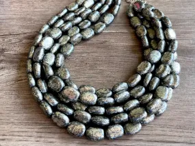 Pyrite Lucite Gray Acrylic Beaded Chunky Multi Strand Statement Necklace - Lauren