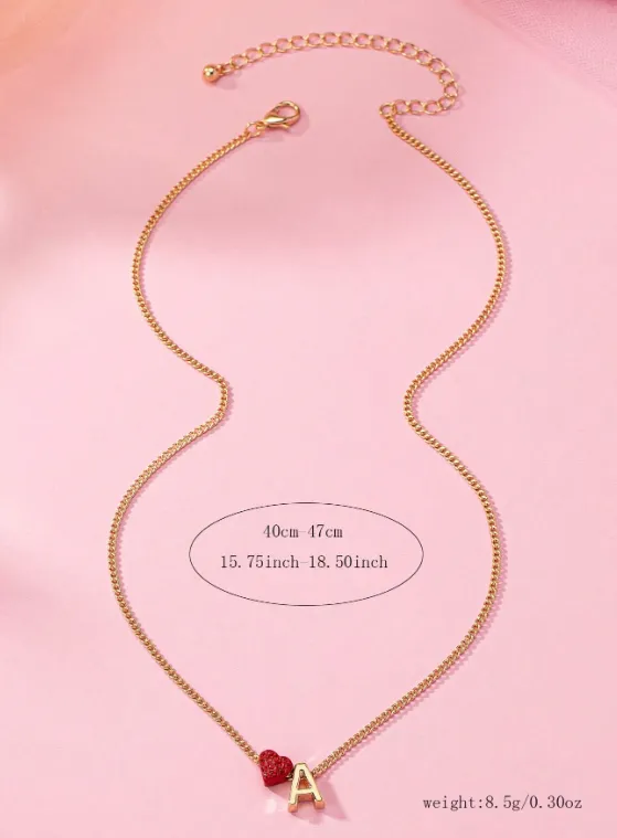 Red Crystal Heart & Initial Gold Necklace