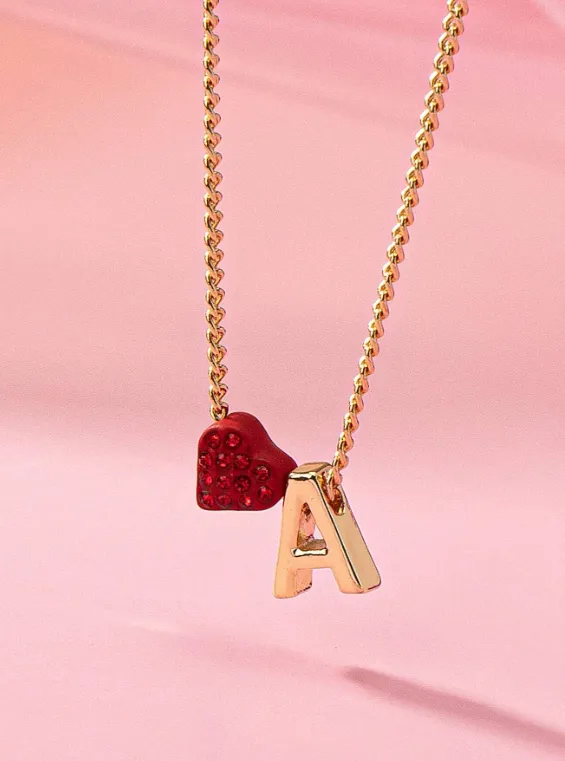 Red Crystal Heart & Initial Gold Necklace