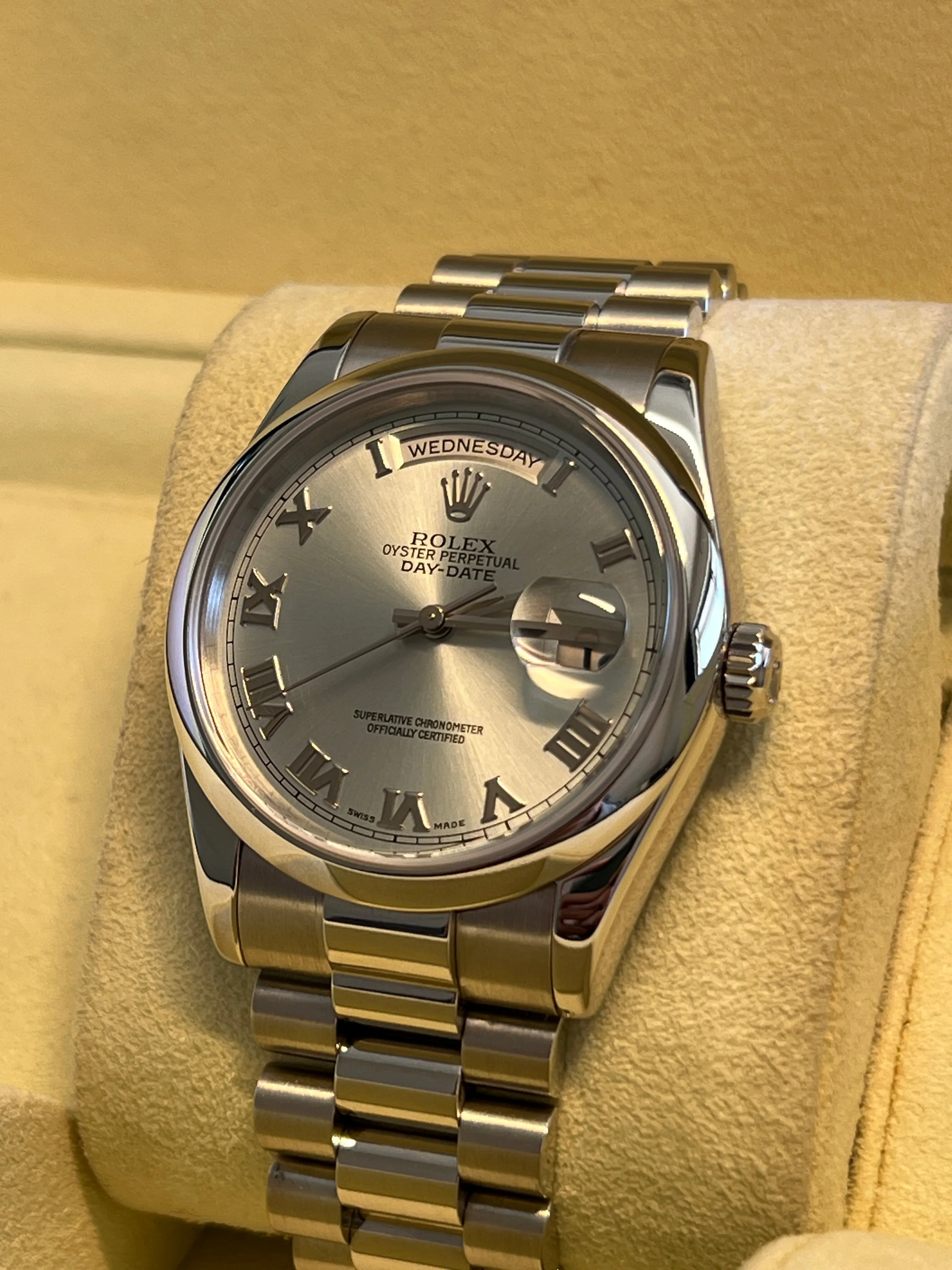 Rolex - Pre-owned Platinum Day-Date Presidential Ice Blue Roman Dial 118206