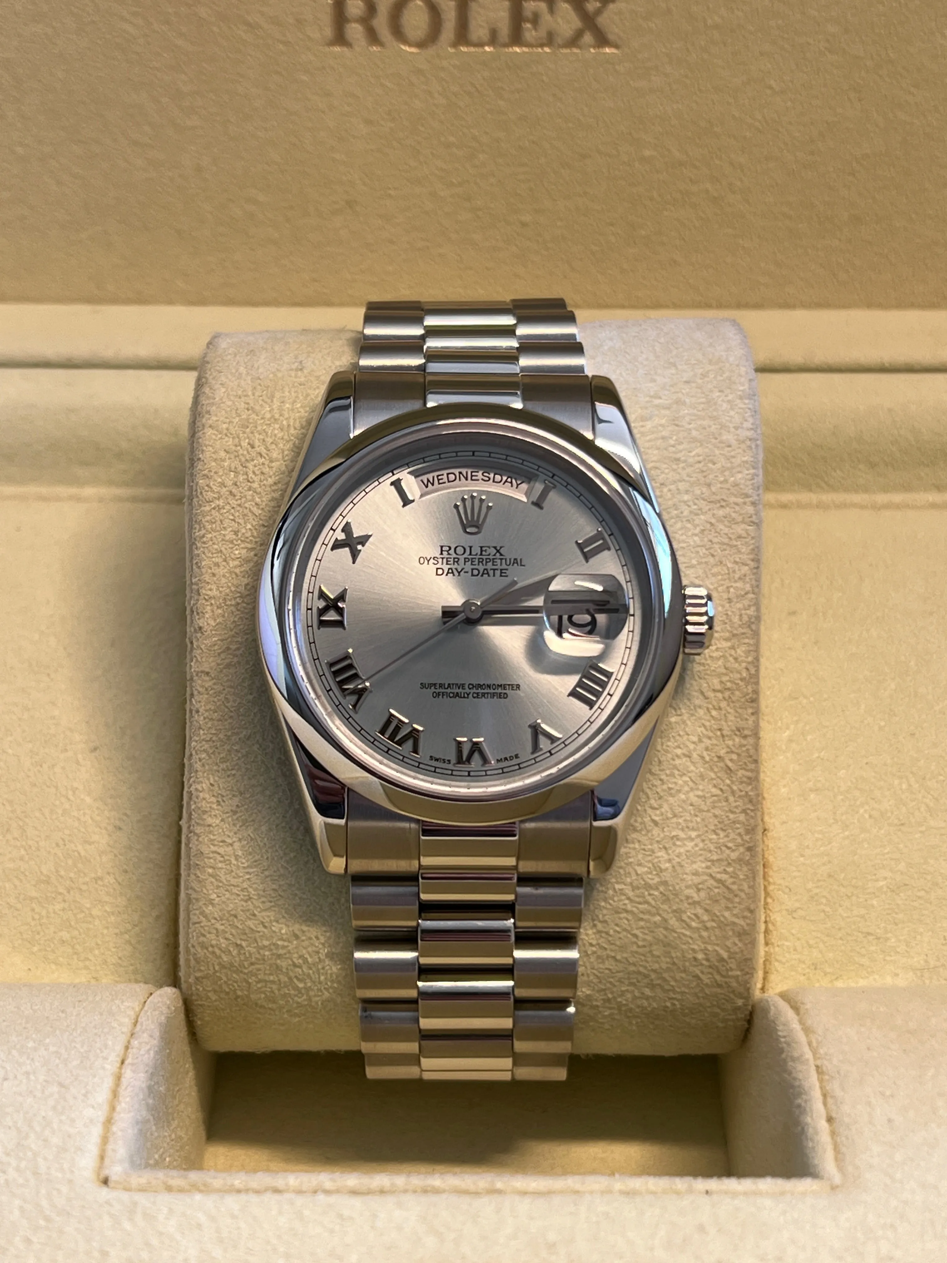 Rolex - Pre-owned Platinum Day-Date Presidential Ice Blue Roman Dial 118206