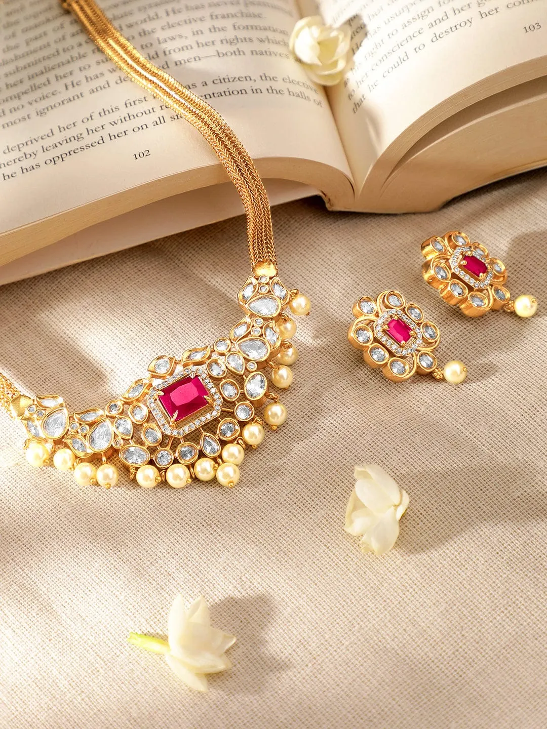 Rubans 22K Gold-Plated Ruby & CZ Studded Necklace & Earrings