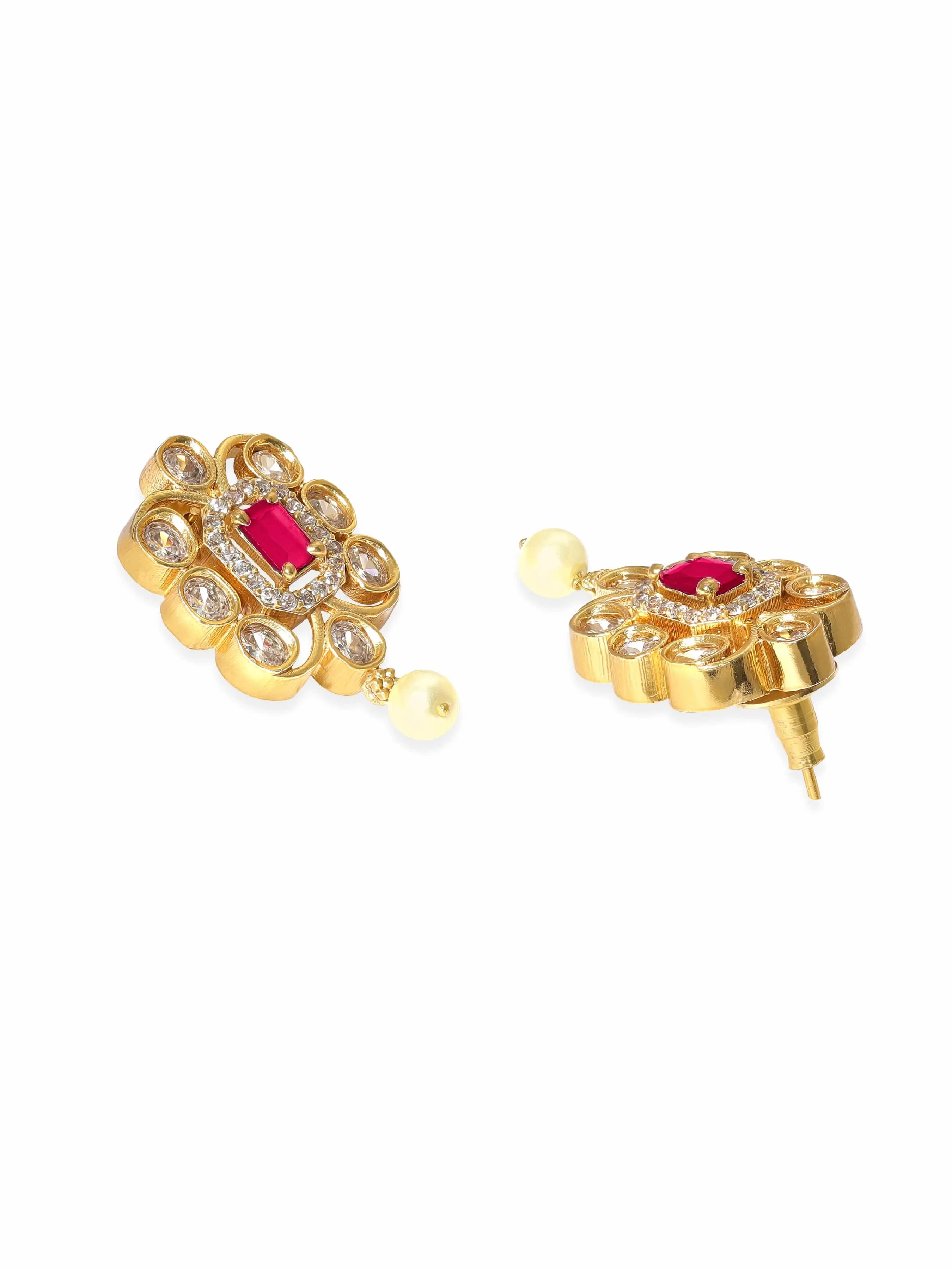 Rubans 22K Gold-Plated Ruby & CZ Studded Necklace & Earrings
