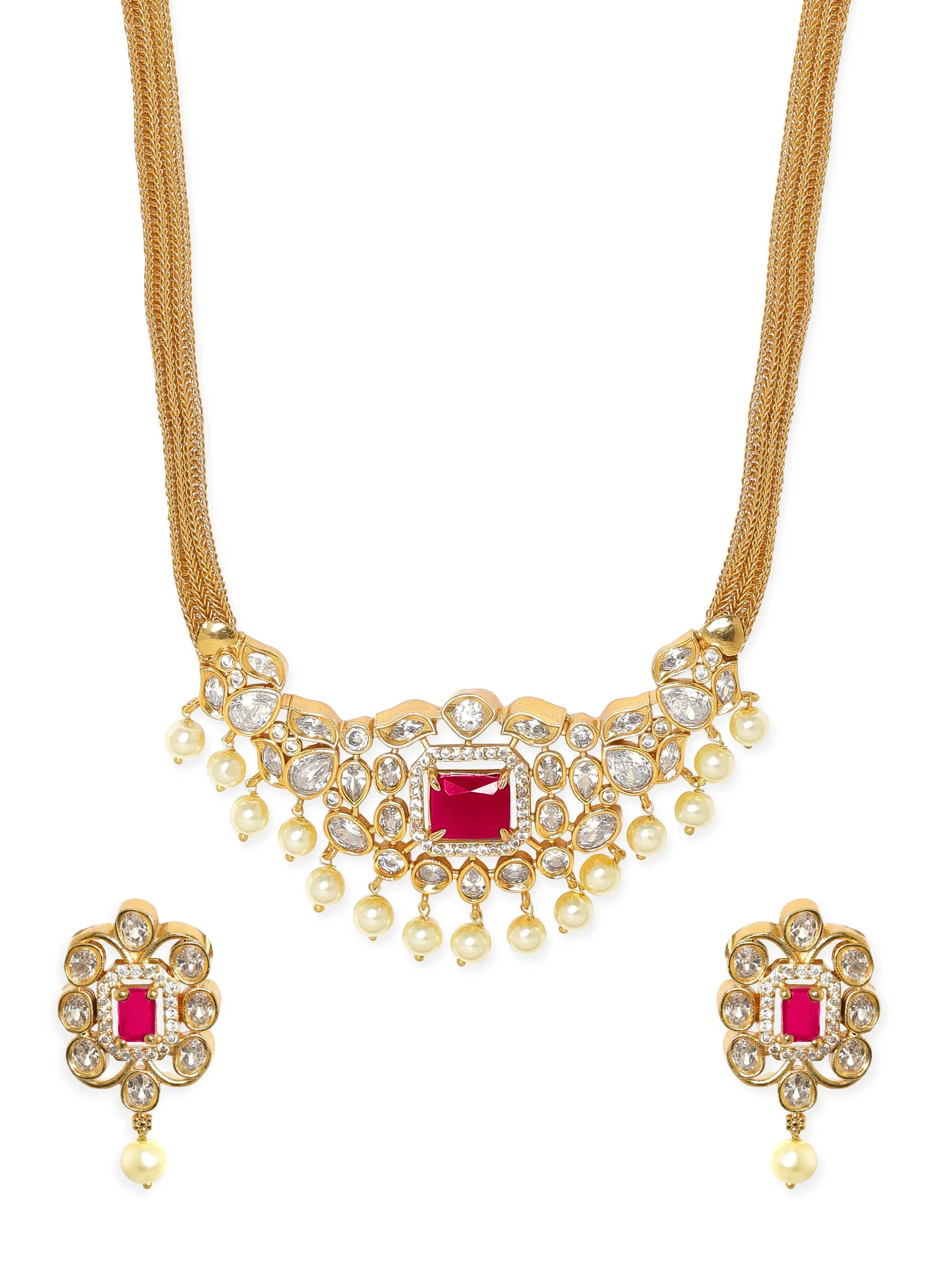 Rubans 22K Gold-Plated Ruby & CZ Studded Necklace & Earrings