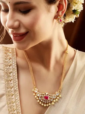 Rubans 22K Gold-Plated Ruby & CZ Studded Necklace & Earrings