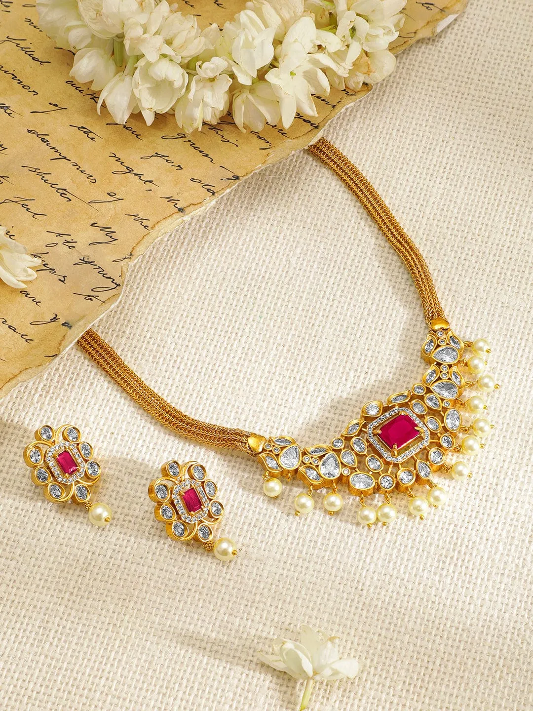 Rubans 22K Gold-Plated Ruby & CZ Studded Necklace & Earrings