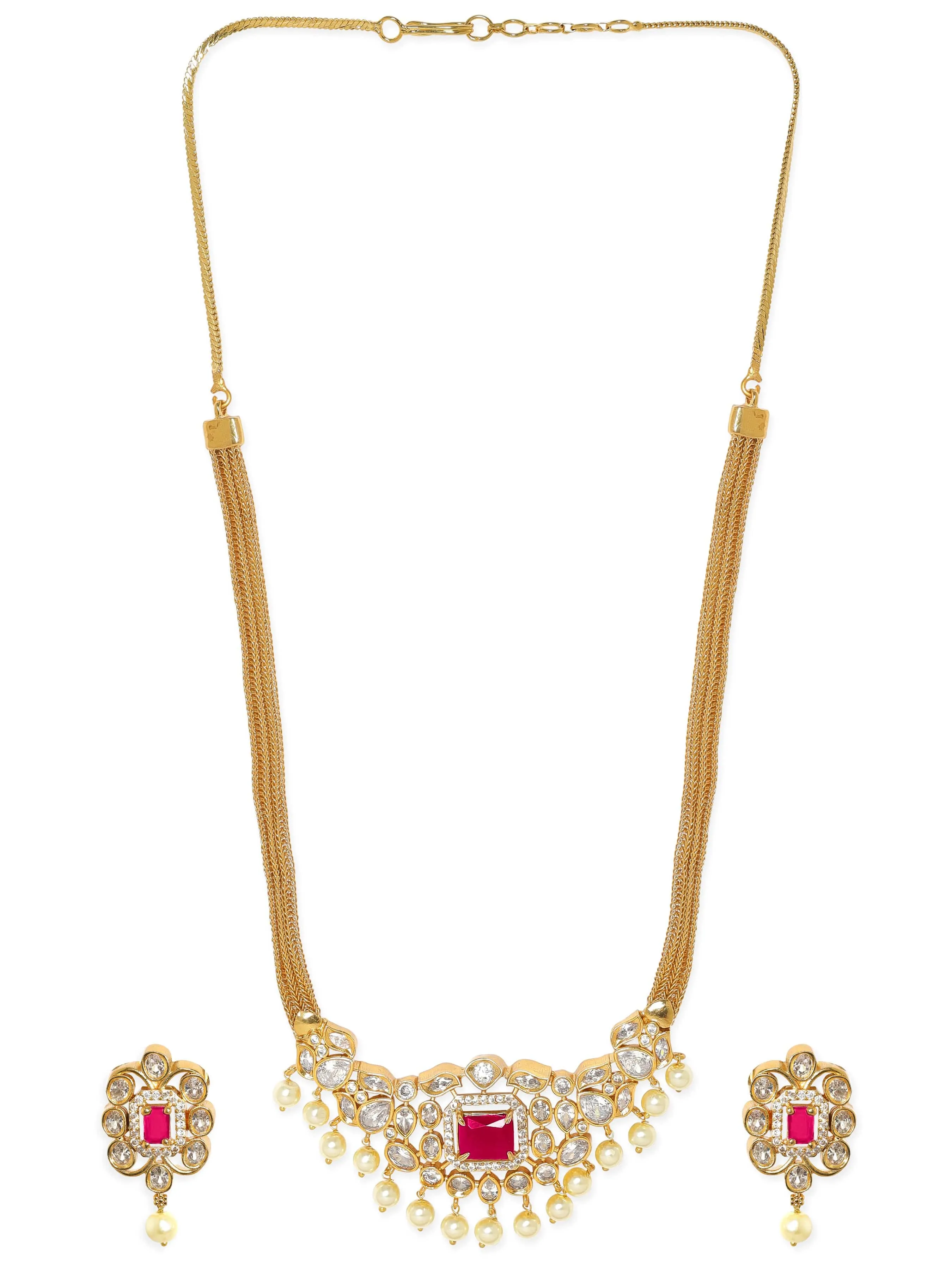 Rubans 22K Gold-Plated Ruby & CZ Studded Necklace & Earrings