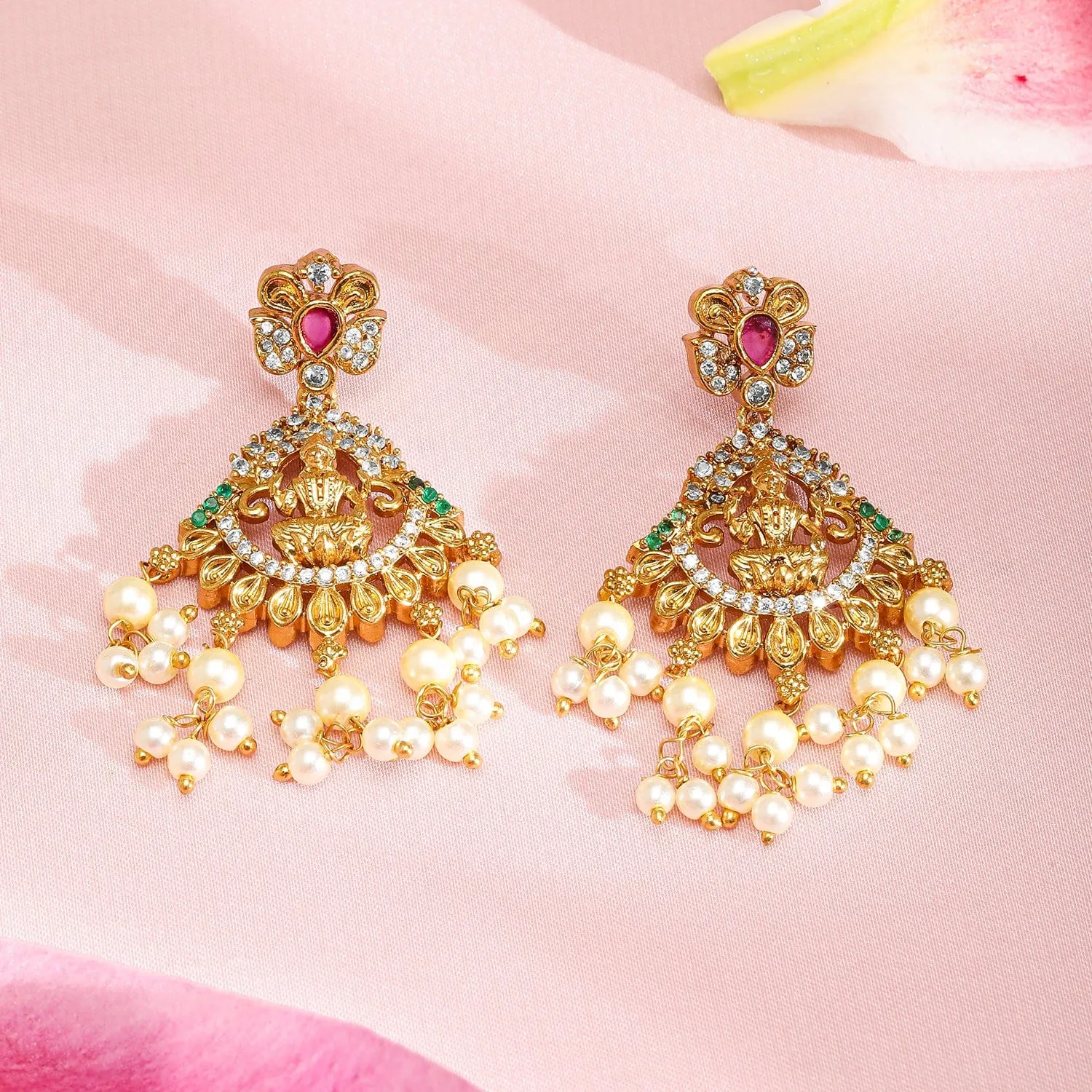 Rubans 22K Gold-Plated Ruby Pink, Emerald Green & White Cubic Zirconia Studded Divine Lakshmi Motif Temple Necklace Set