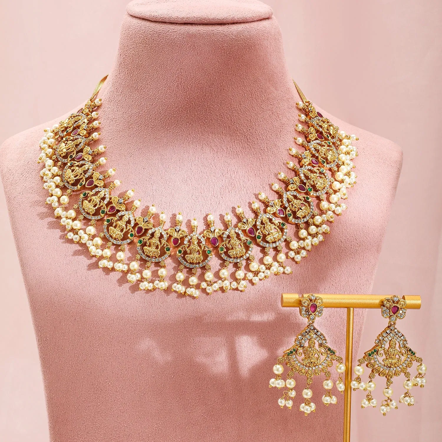 Rubans 22K Gold-Plated Ruby Pink, Emerald Green & White Cubic Zirconia Studded Divine Lakshmi Motif Temple Necklace Set