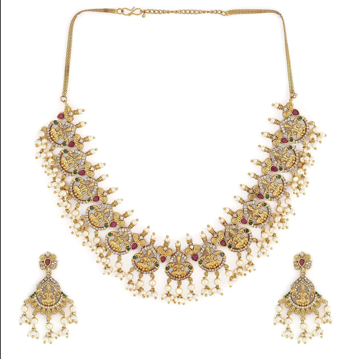 Rubans 22K Gold-Plated Ruby Pink, Emerald Green & White Cubic Zirconia Studded Divine Lakshmi Motif Temple Necklace Set