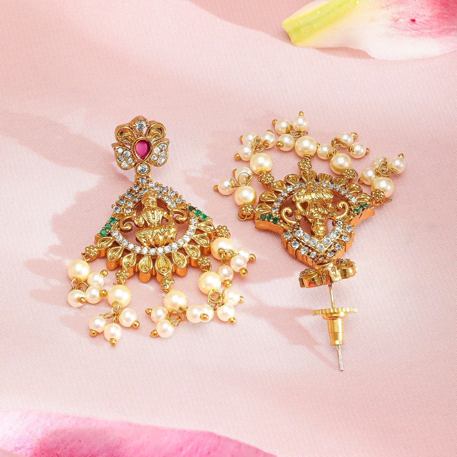 Rubans 22K Gold-Plated Ruby Pink, Emerald Green & White Cubic Zirconia Studded Divine Lakshmi Motif Temple Necklace Set