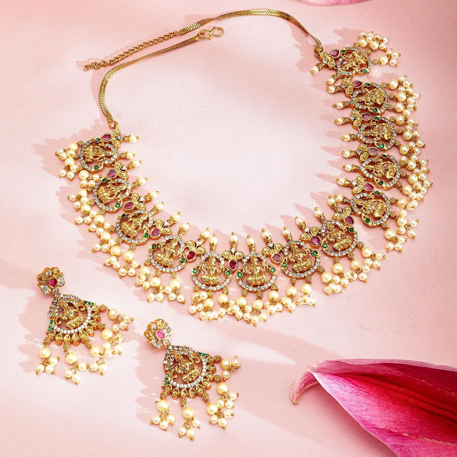 Rubans 22K Gold-Plated Ruby Pink, Emerald Green & White Cubic Zirconia Studded Divine Lakshmi Motif Temple Necklace Set