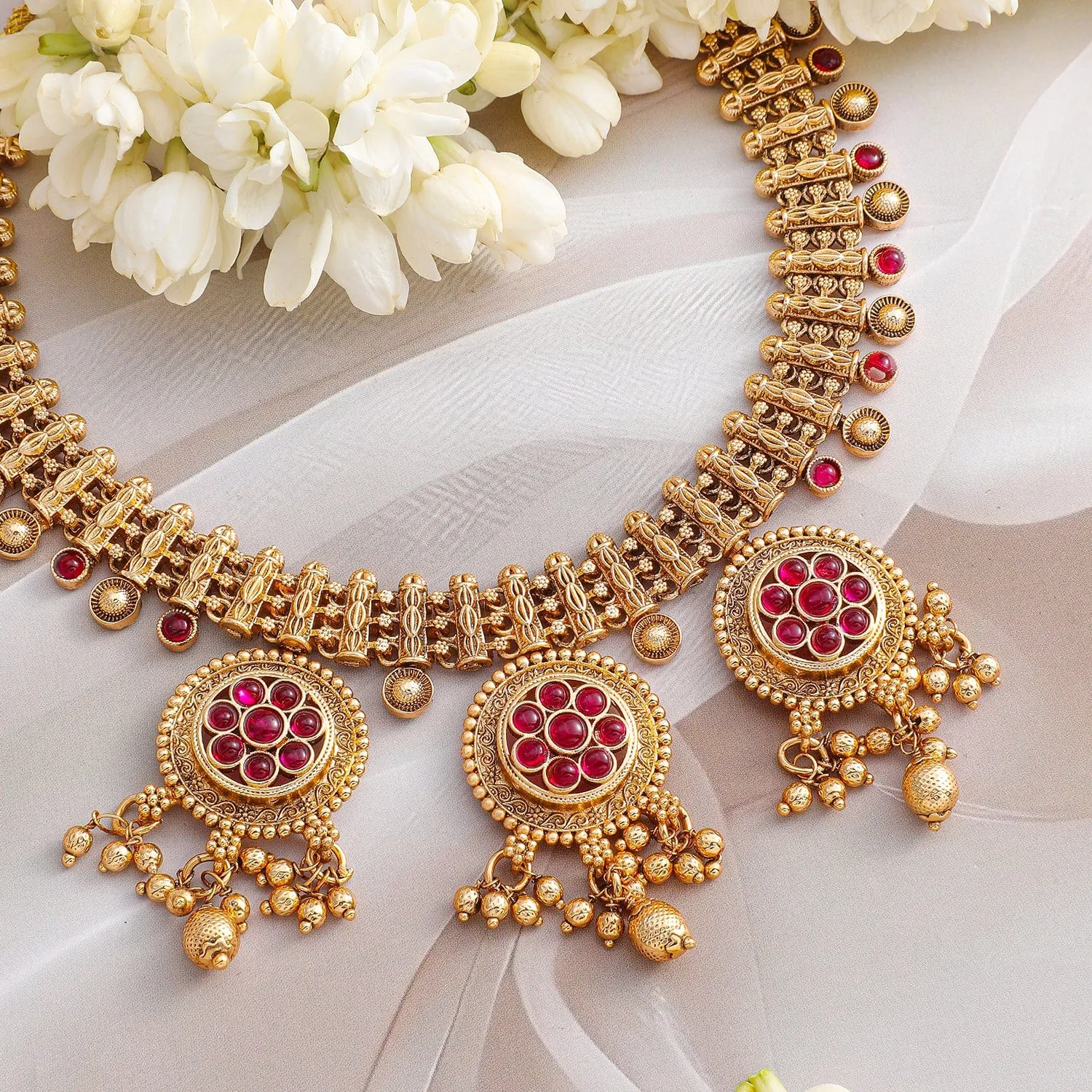 Rubans 22K Gold-Plated Ruby Stone & Golden Beads Handcrafted Necklace Set with Floral Medallions