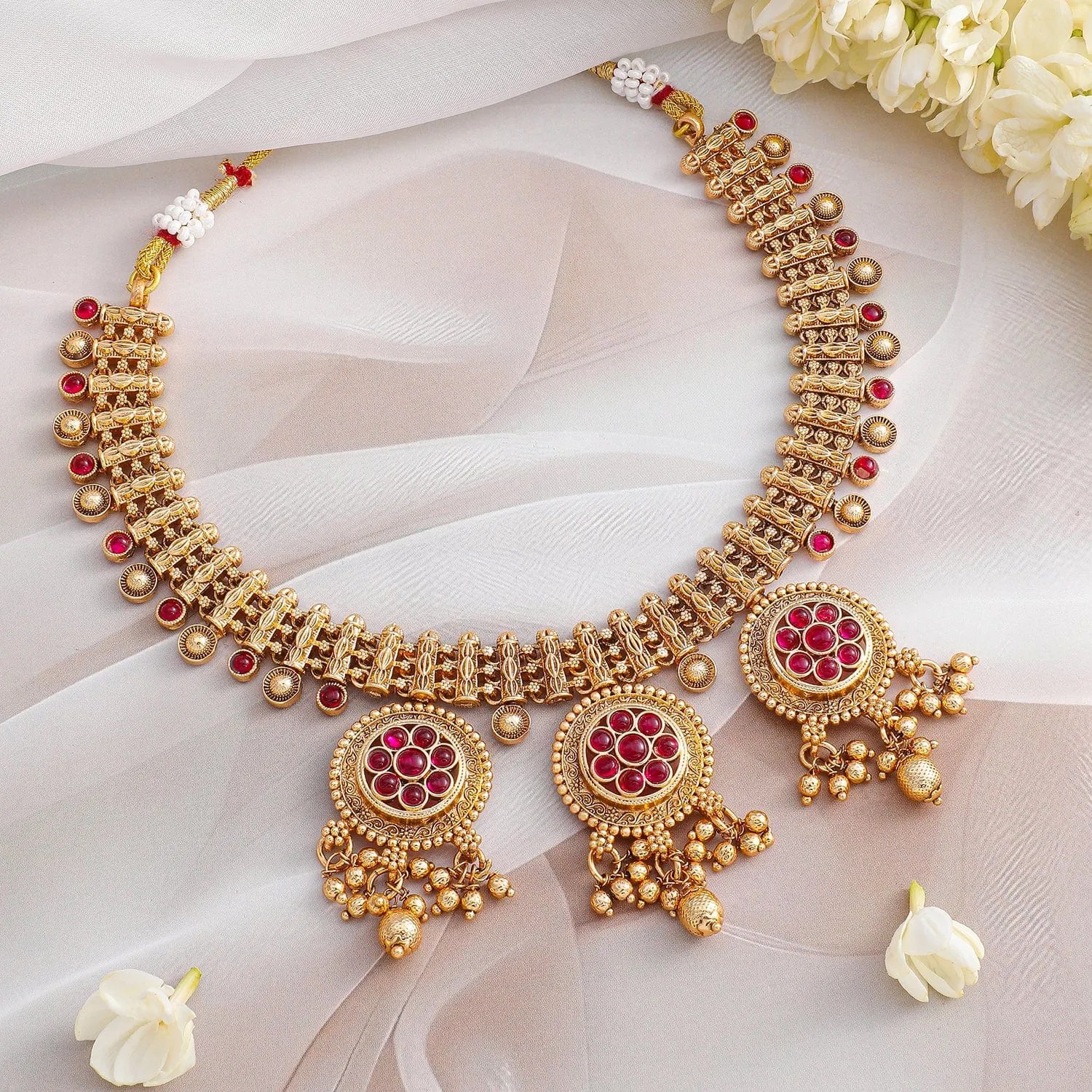 Rubans 22K Gold-Plated Ruby Stone & Golden Beads Handcrafted Necklace Set with Floral Medallions