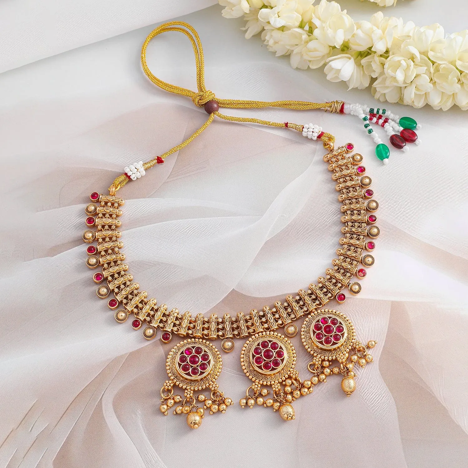Rubans 22K Gold-Plated Ruby Stone & Golden Beads Handcrafted Necklace Set with Floral Medallions