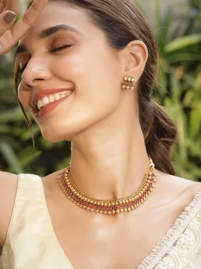 Rubans 22K Gold-Plated Ruby Studded Golden Beaded Traditional Necklace Set