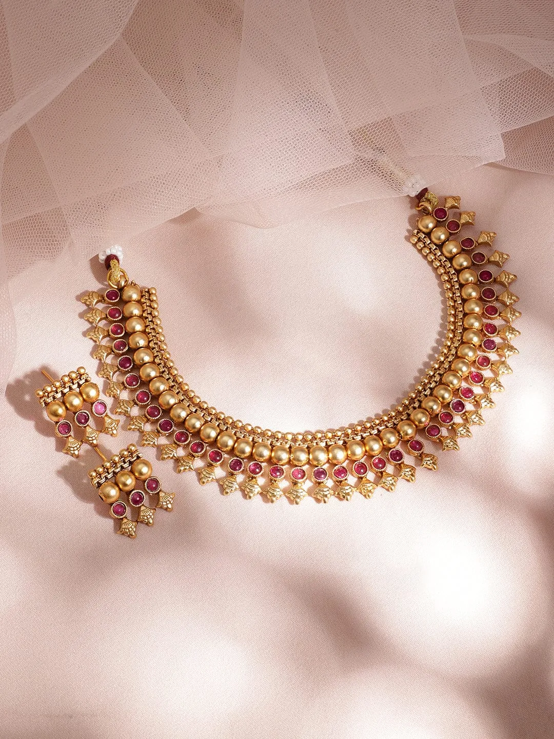 Rubans 22K Gold-Plated Ruby Studded Golden Beaded Traditional Necklace Set