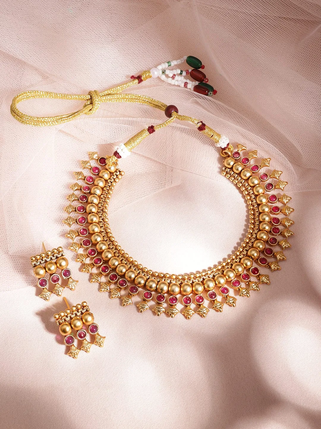 Rubans 22K Gold-Plated Ruby Studded Golden Beaded Traditional Necklace Set