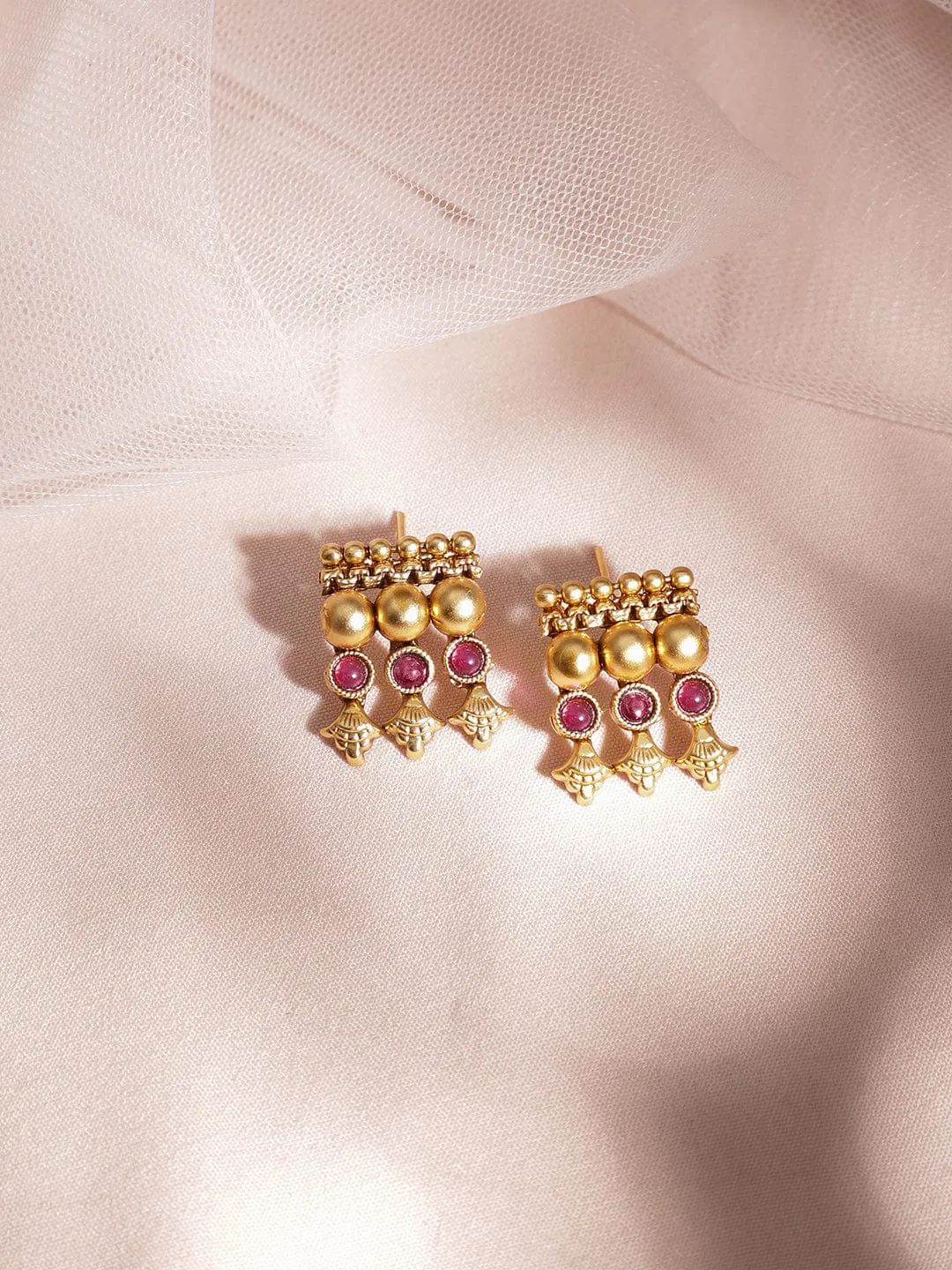Rubans 22K Gold-Plated Ruby Studded Golden Beaded Traditional Necklace Set