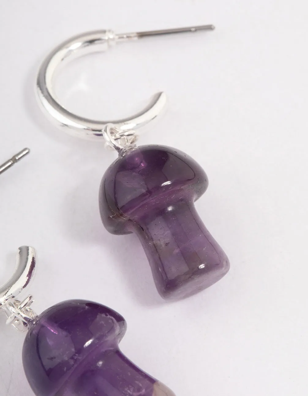 Silver Amethyst Moon & Mushroom Huggie Hoop Earrings