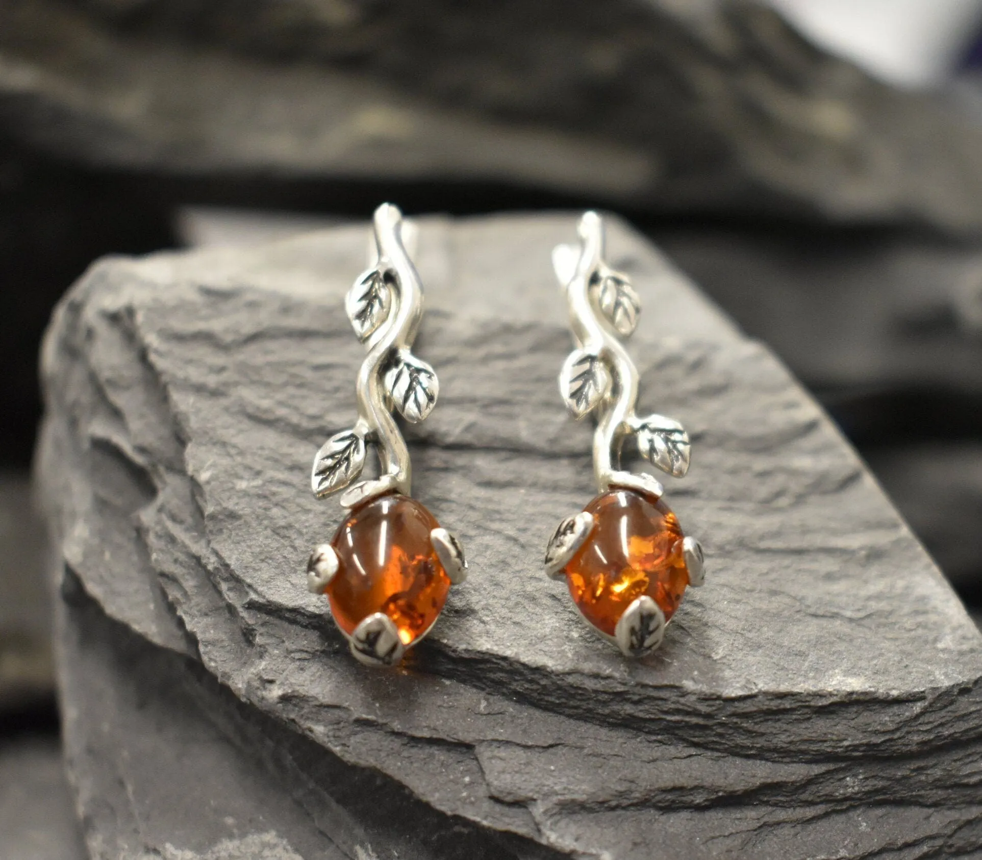 Silver Leaf Earrings - Natural Amber Earrings - Vines Earrings