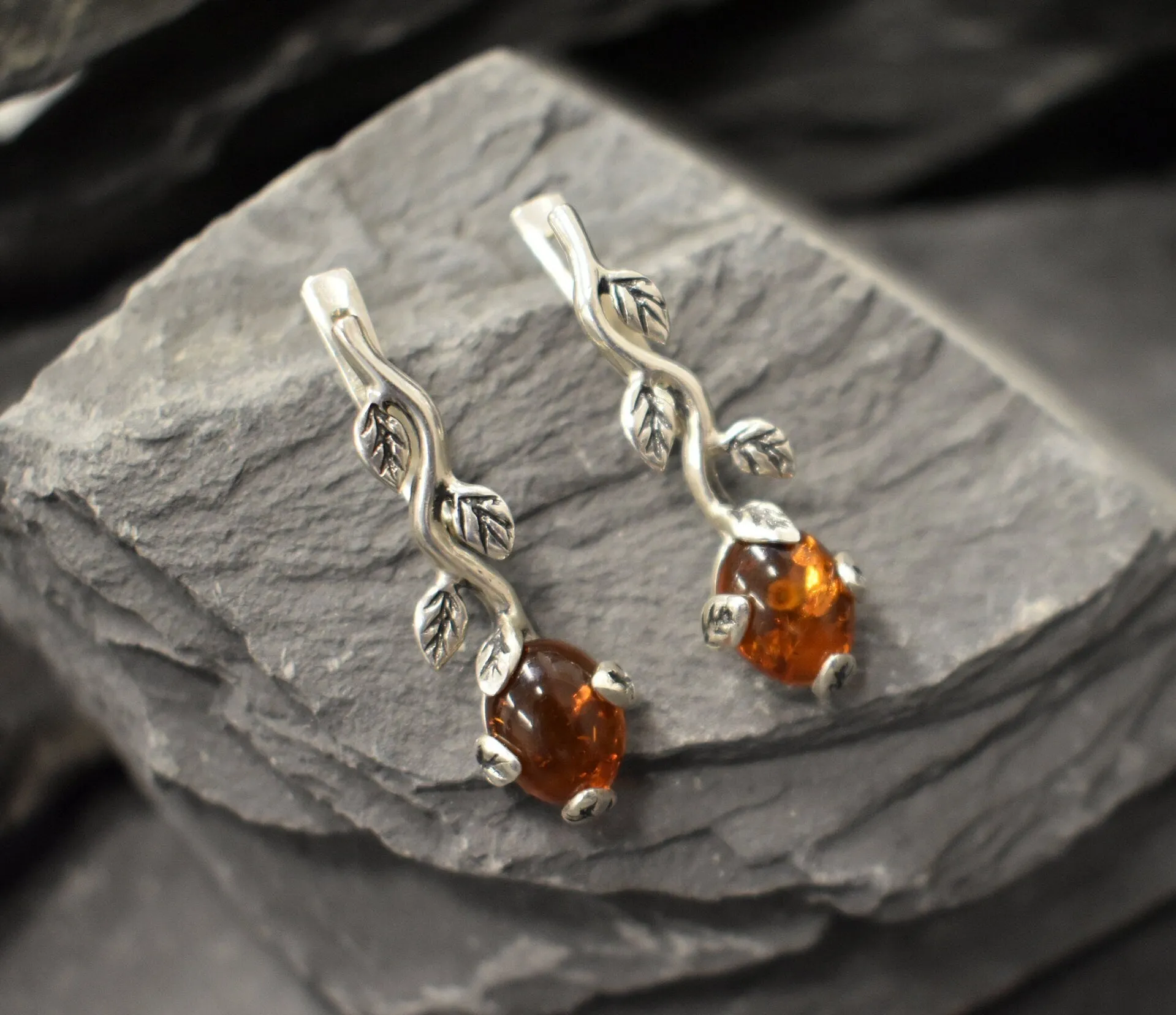Silver Leaf Earrings - Natural Amber Earrings - Vines Earrings