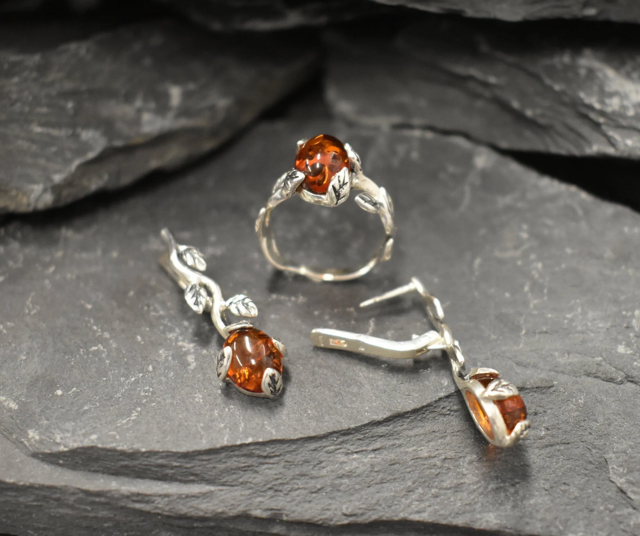 Silver Leaf Earrings - Natural Amber Earrings - Vines Earrings