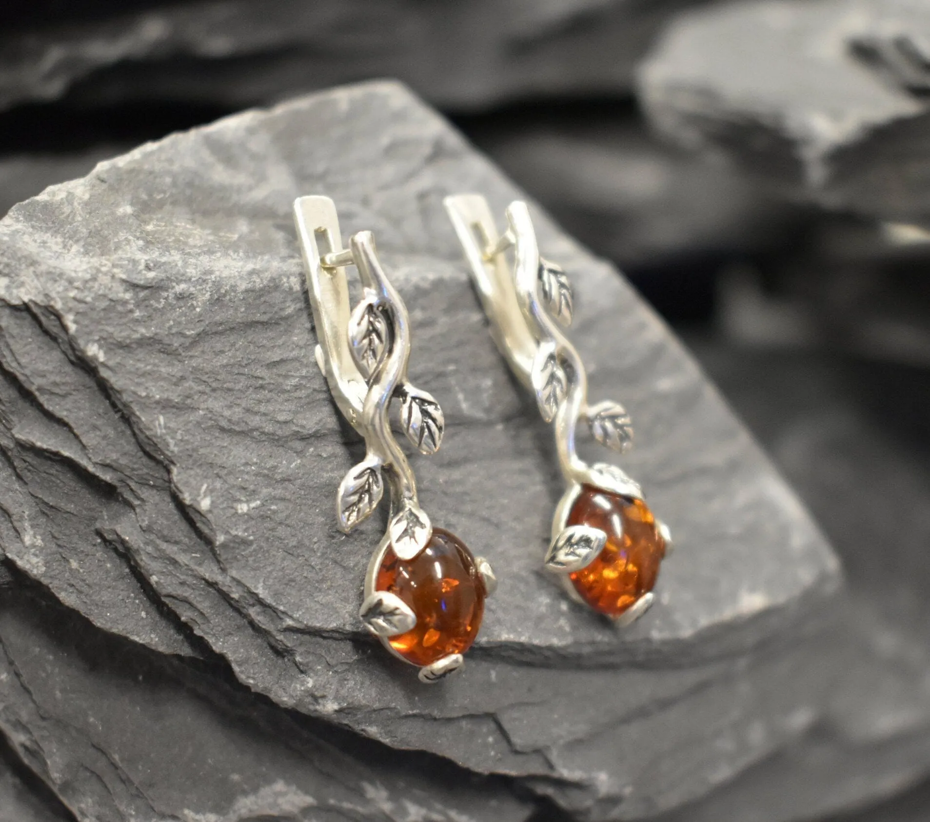 Silver Leaf Earrings - Natural Amber Earrings - Vines Earrings