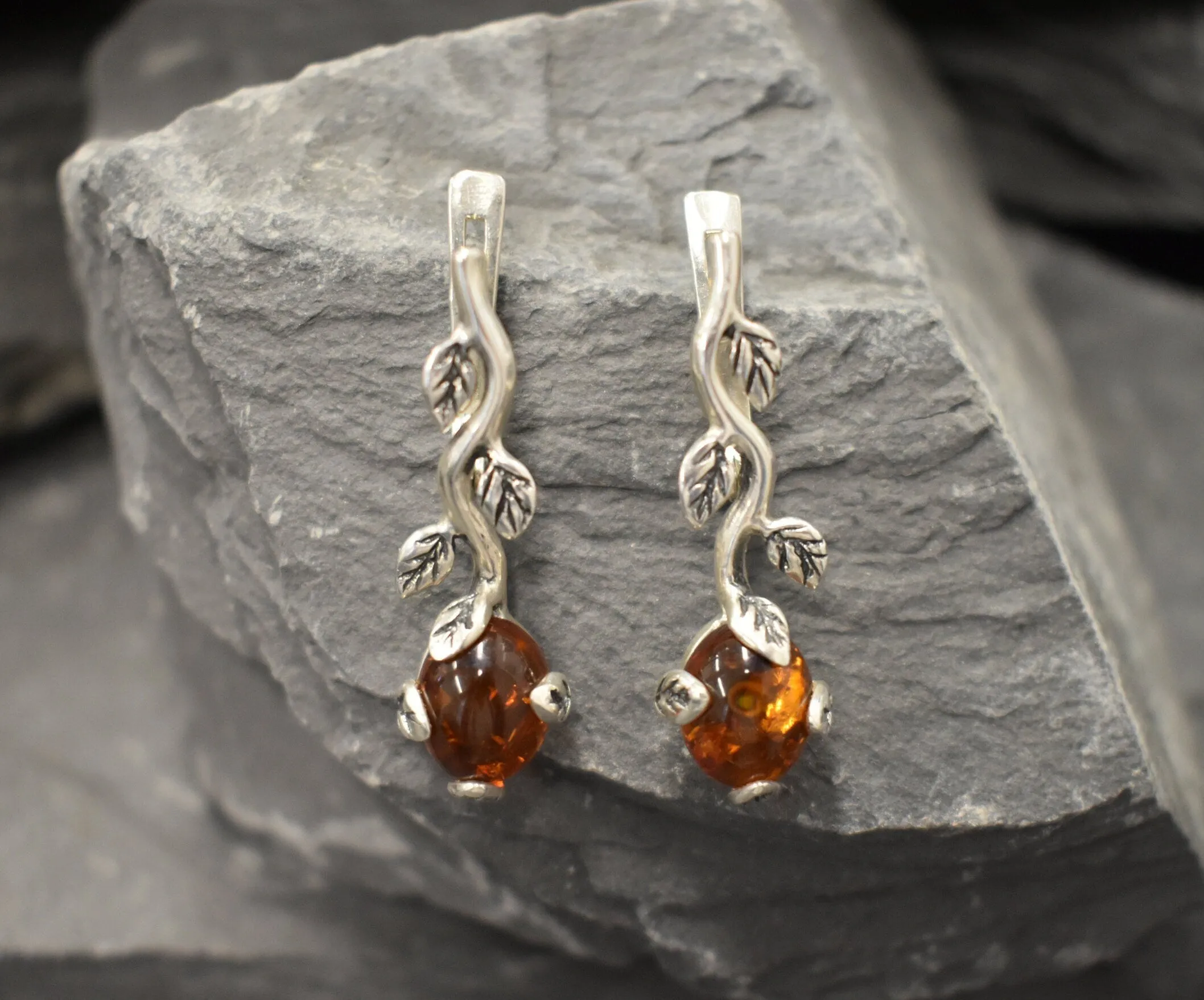 Silver Leaf Earrings - Natural Amber Earrings - Vines Earrings
