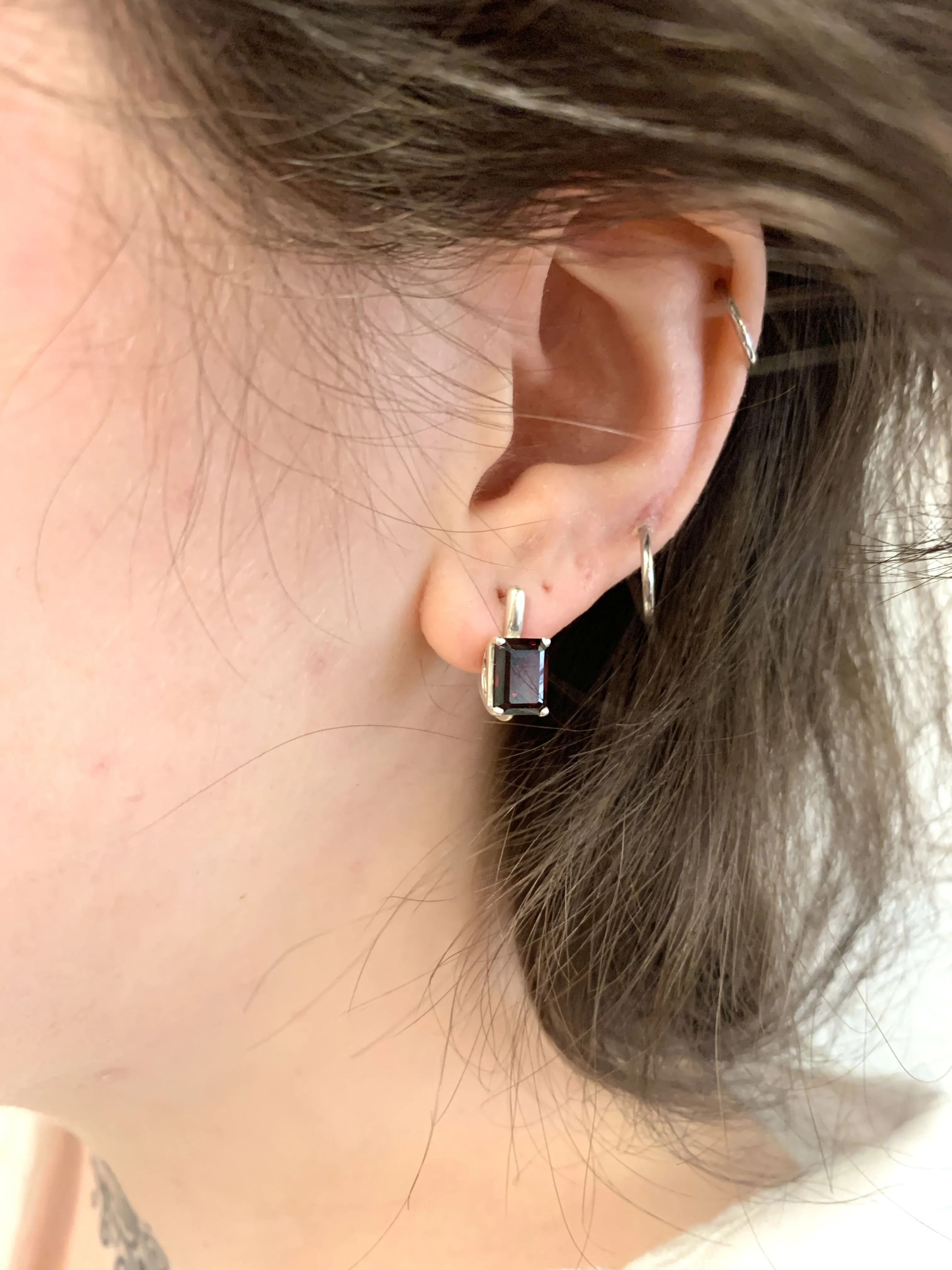 Square Garnet Earrings - Natural Garnet Earrings - Red Silver Earrings