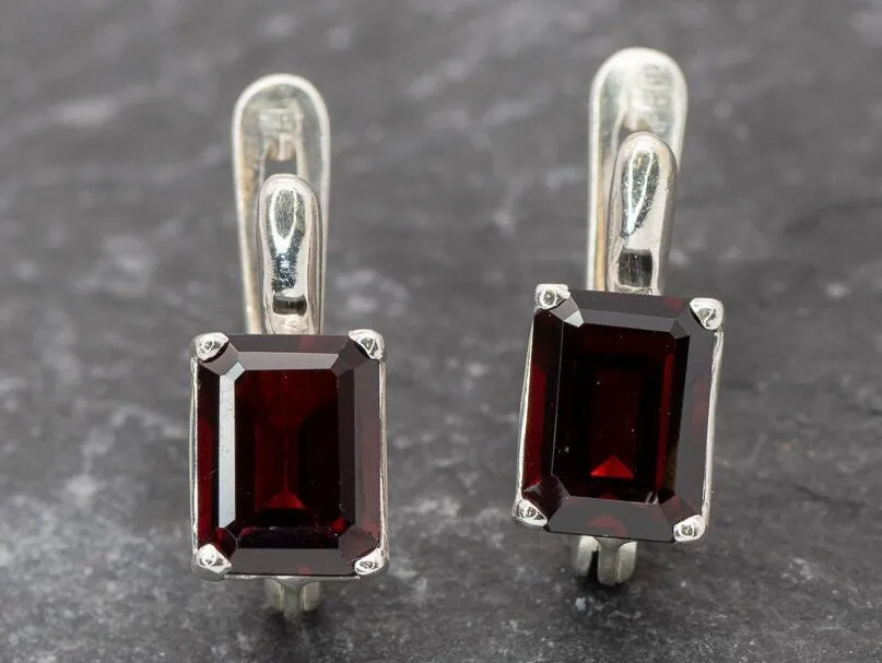 Square Garnet Earrings - Natural Garnet Earrings - Red Silver Earrings