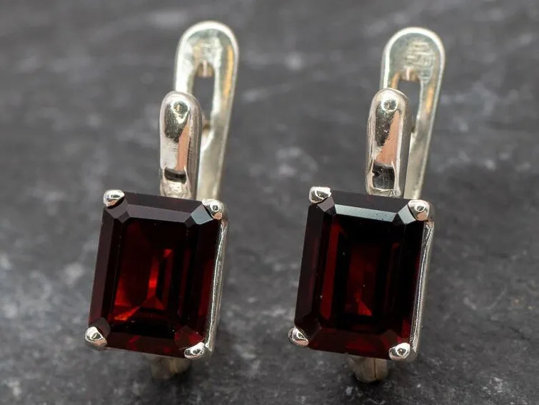 Square Garnet Earrings - Natural Garnet Earrings - Red Silver Earrings
