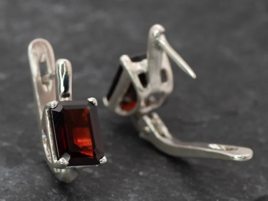 Square Garnet Earrings - Natural Garnet Earrings - Red Silver Earrings