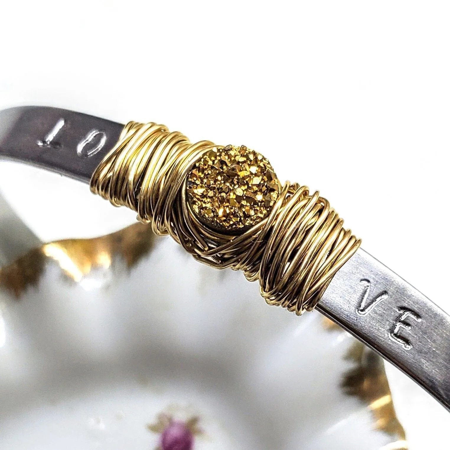 Stainless Steel LOVE Stamped Wire Wrapped Gold Druzy Cuff