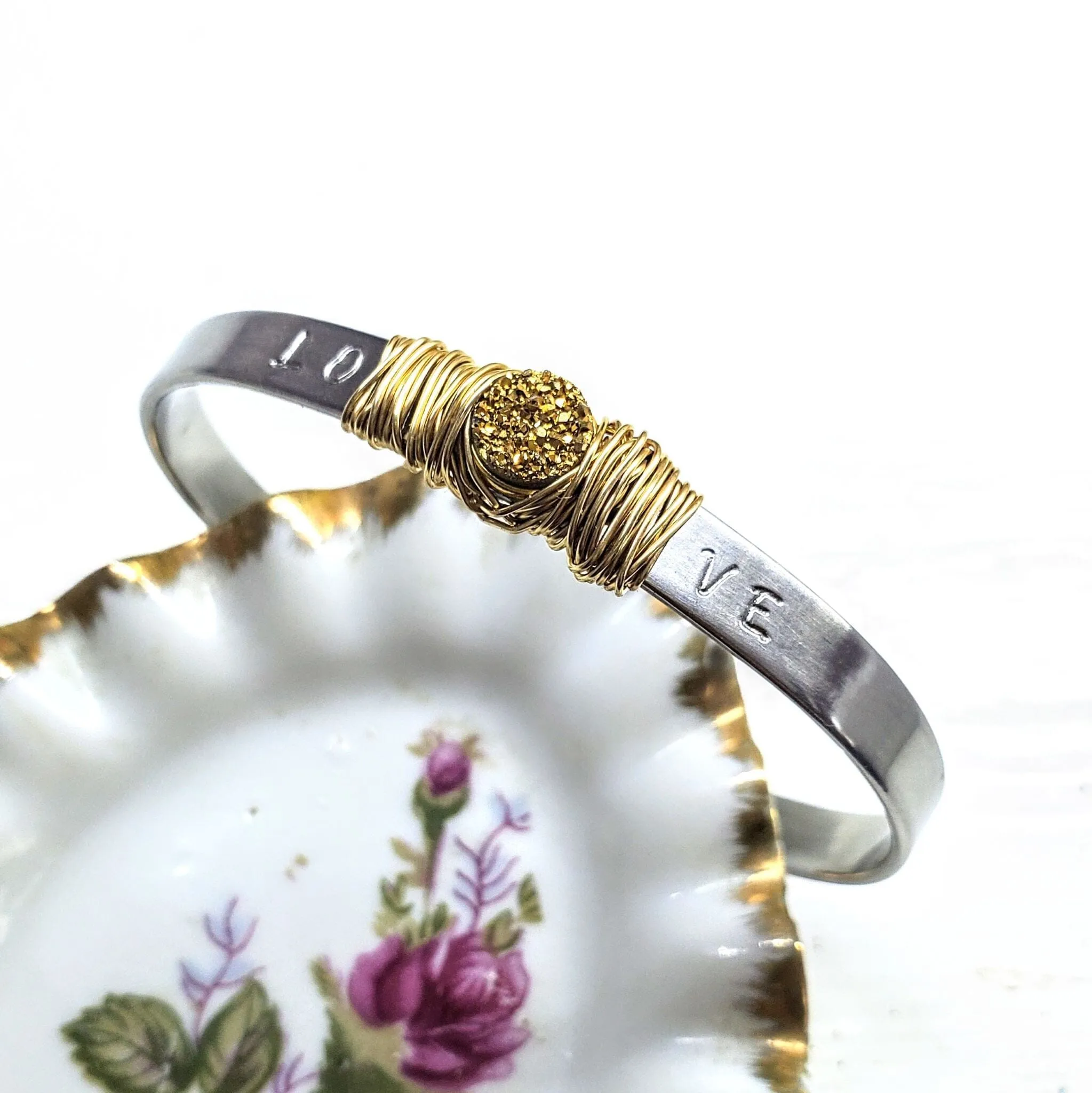 Stainless Steel LOVE Stamped Wire Wrapped Gold Druzy Cuff