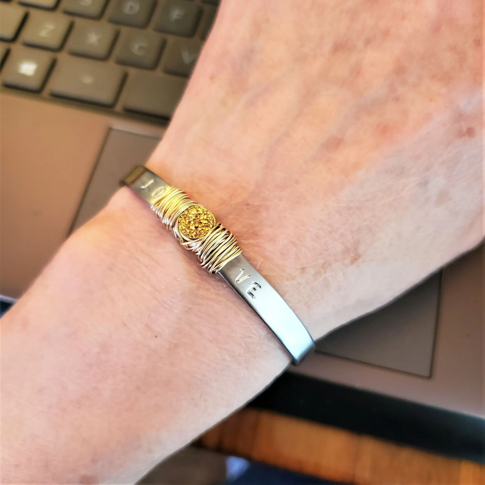 Stainless Steel LOVE Stamped Wire Wrapped Gold Druzy Cuff