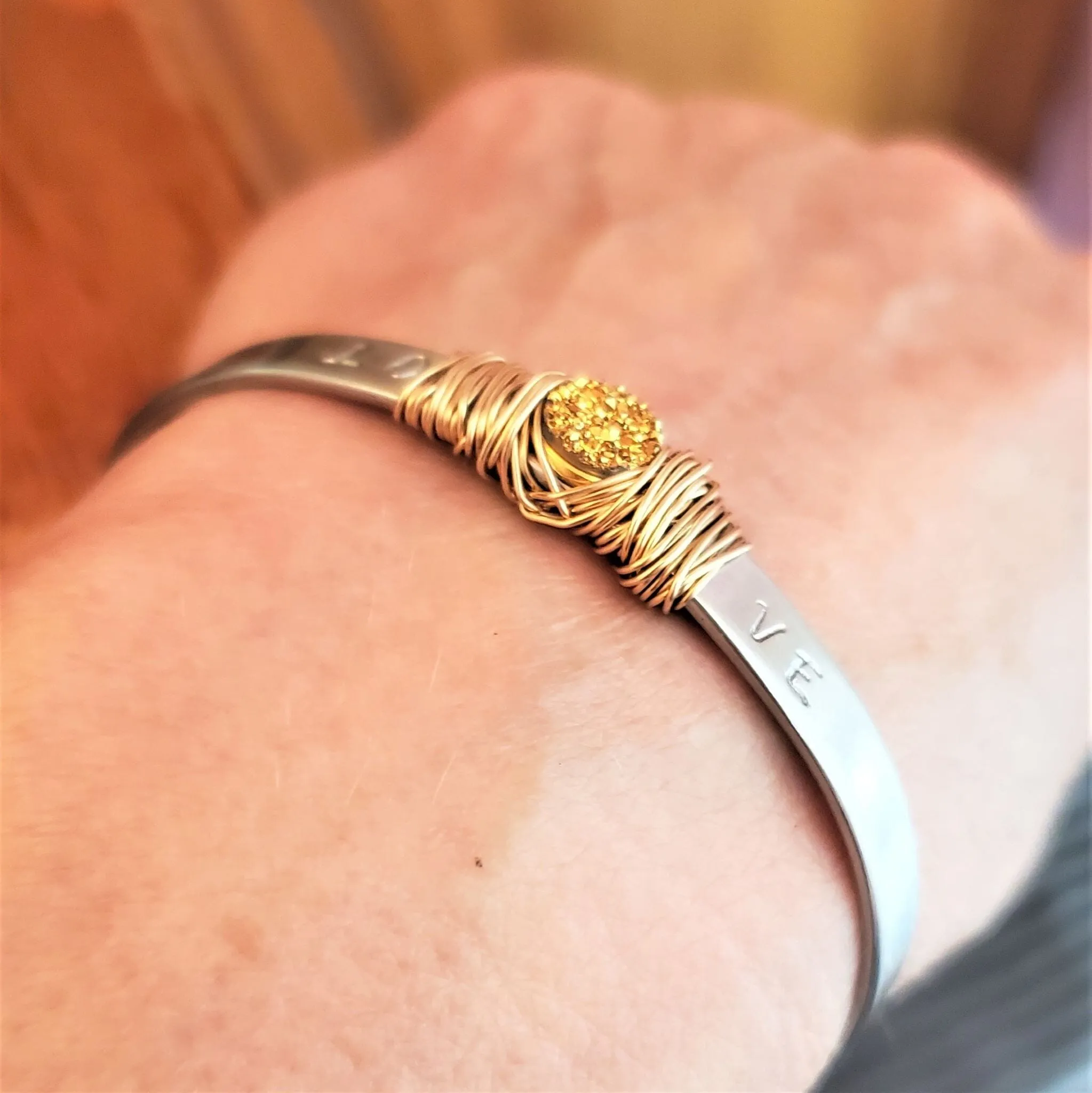 Stainless Steel LOVE Stamped Wire Wrapped Gold Druzy Cuff