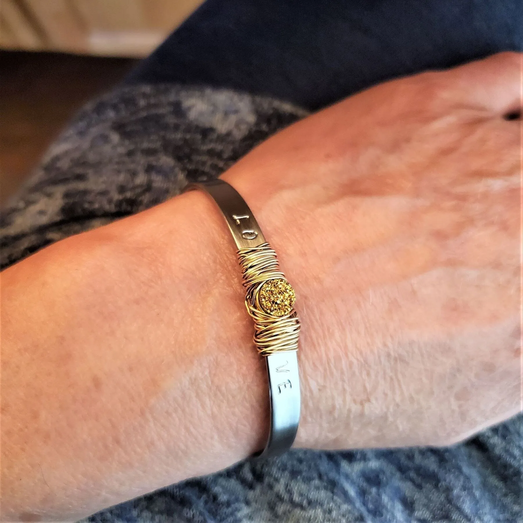 Stainless Steel LOVE Stamped Wire Wrapped Gold Druzy Cuff