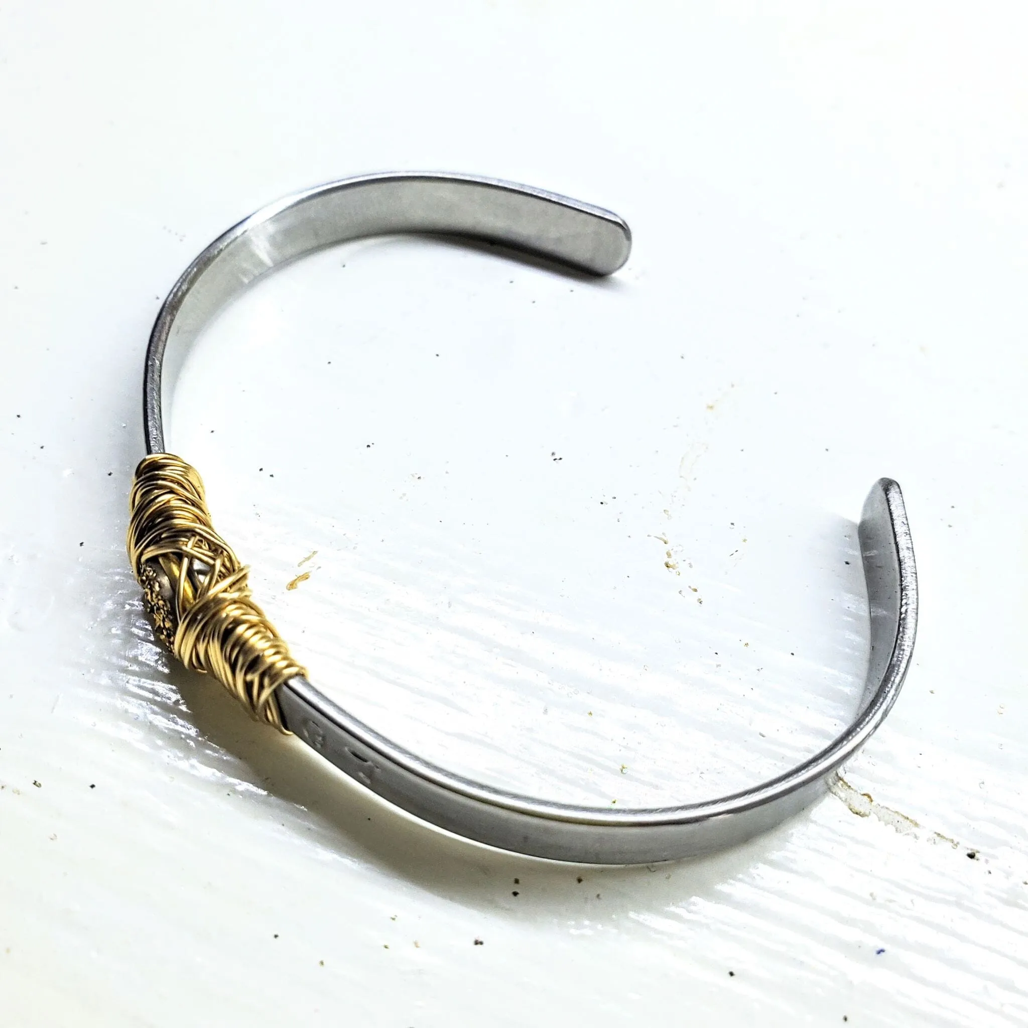 Stainless Steel LOVE Stamped Wire Wrapped Gold Druzy Cuff