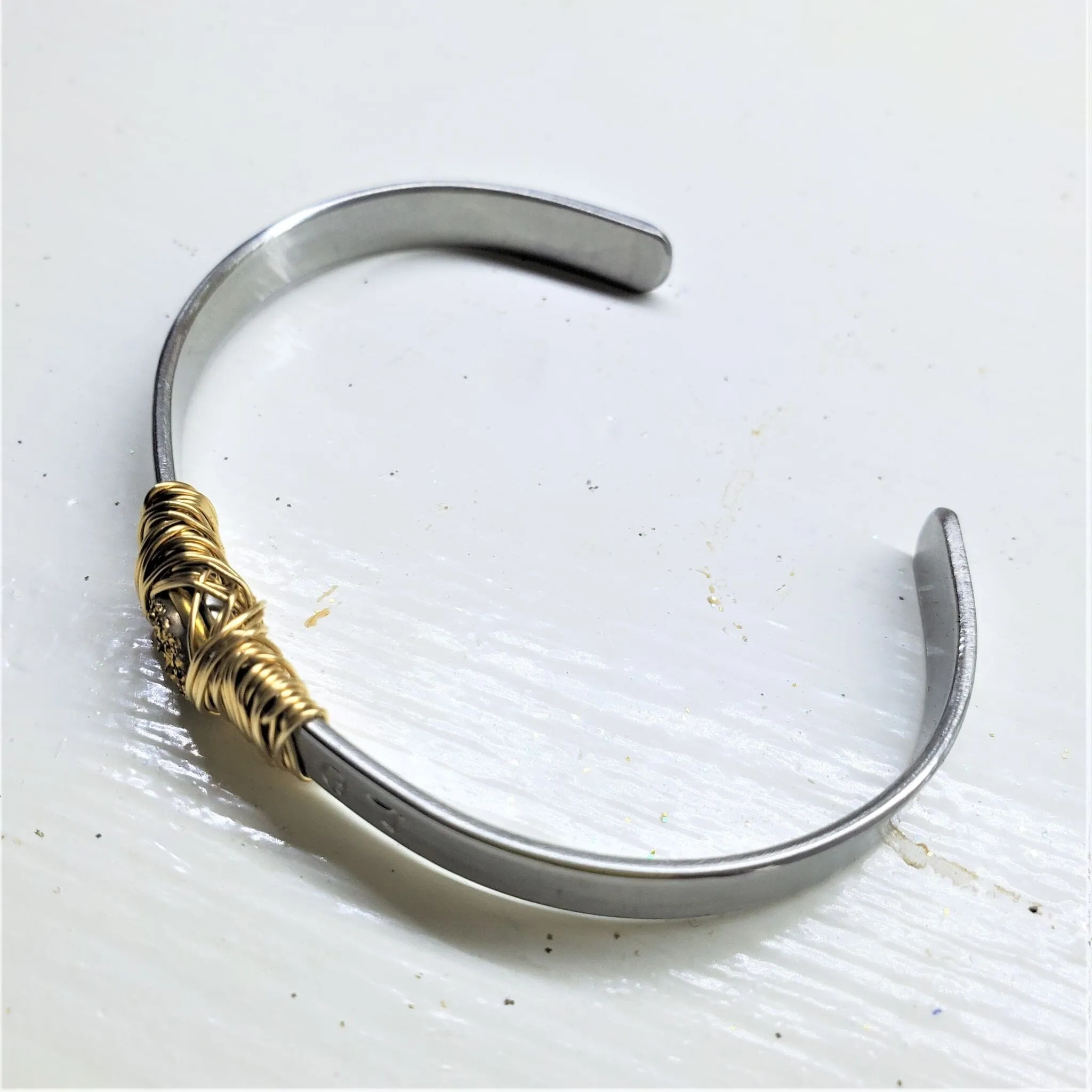 Stainless Steel LOVE Stamped Wire Wrapped Gold Druzy Cuff