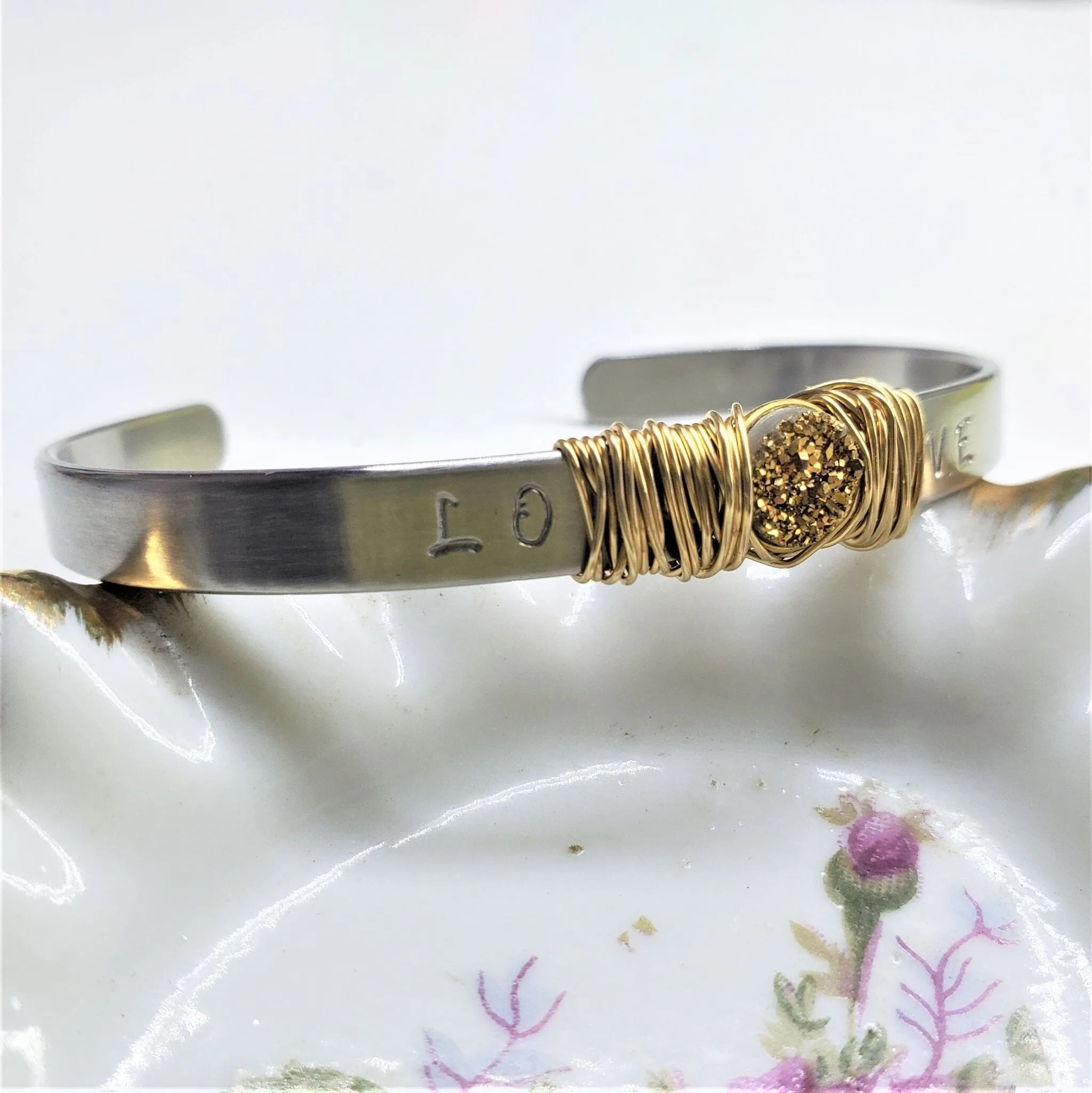Stainless Steel LOVE Stamped Wire Wrapped Gold Druzy Cuff