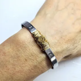 Stainless Steel LOVE Stamped Wire Wrapped Gold Druzy Cuff