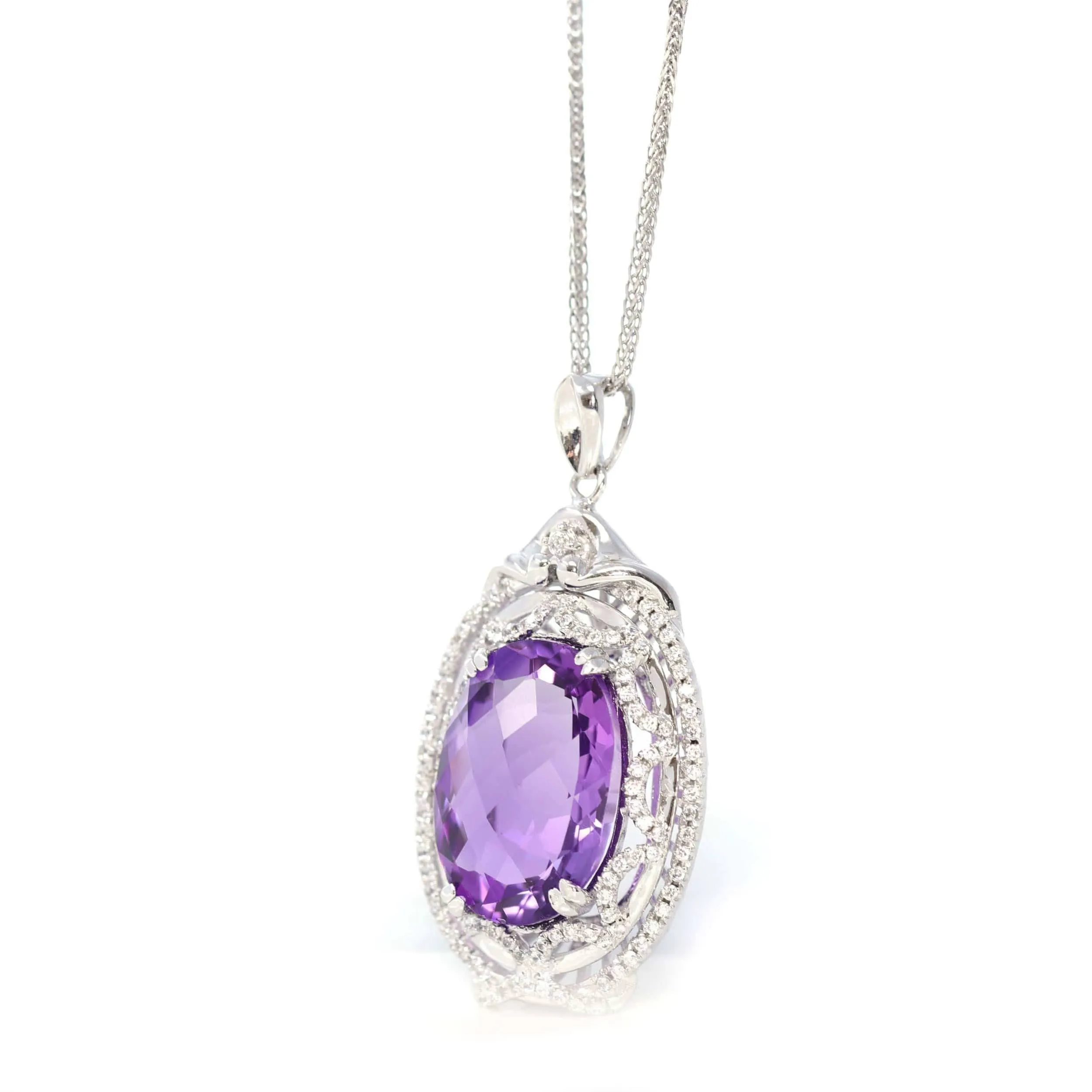 Sterling Silver Natural A Amethyst Luxury Pendant Necklace With CZ